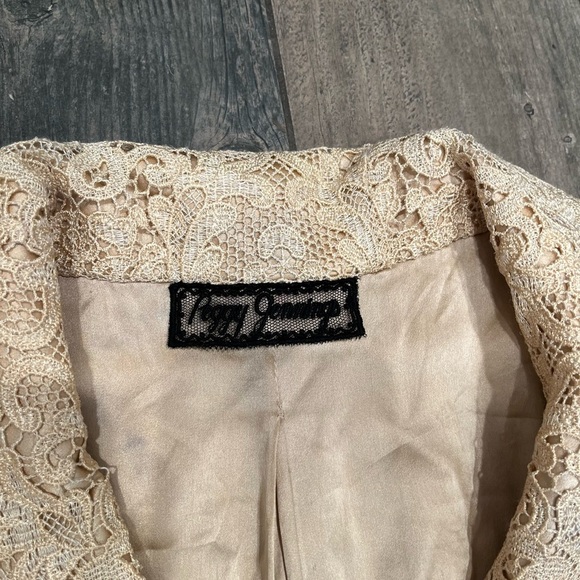 PEGGY JENNINGS Black Cream Lace Overlay Blazer Silk Lining Split Sleeve Large - Picture 7 of 13